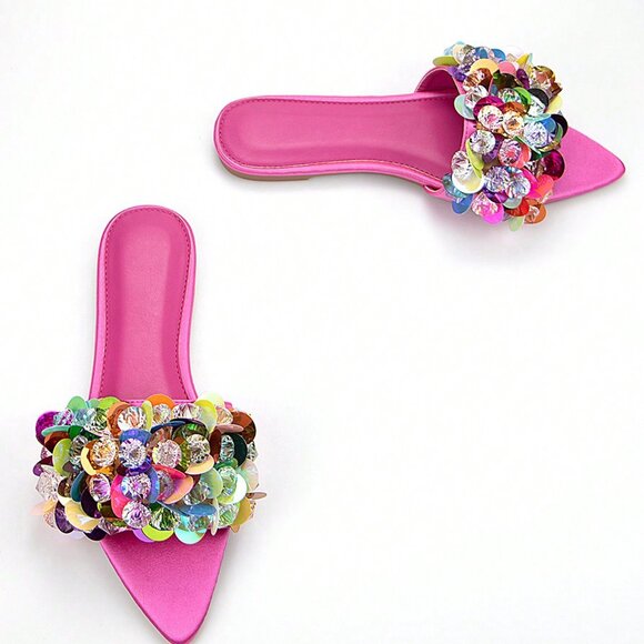 Hot Pink Gorgeous Women's Beaded Floral Satin Mule Sandals - Picture 4 of 4